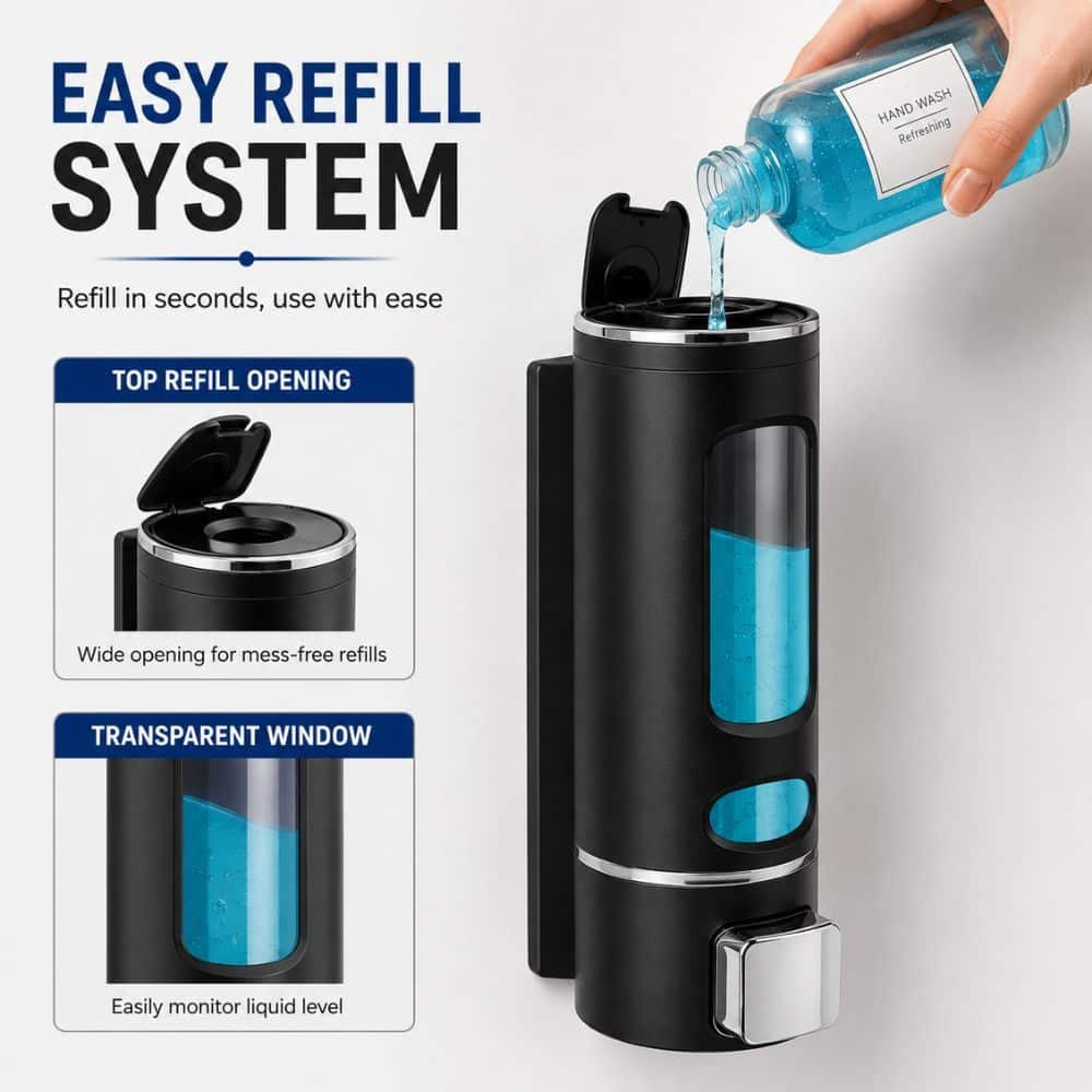 Wall Mounted Soap Dispenser – Leakproof Refillable Liquid Dispenser for Bathroom, Kitchen & Office | Multipurpose Hand Wash & Shampoo Holder