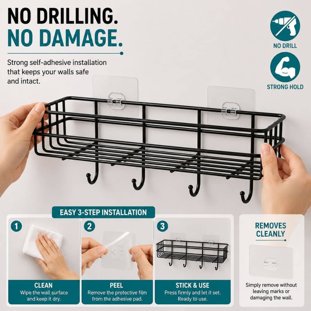Wall Mounted Heavy-Duty Self-Adhesive Bathroom Shelf with 4 Hooks