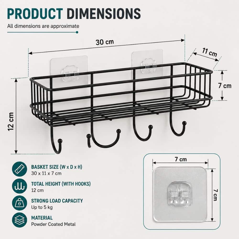 Wall Mounted Heavy-Duty Self-Adhesive Bathroom Shelf with 4 Hooks