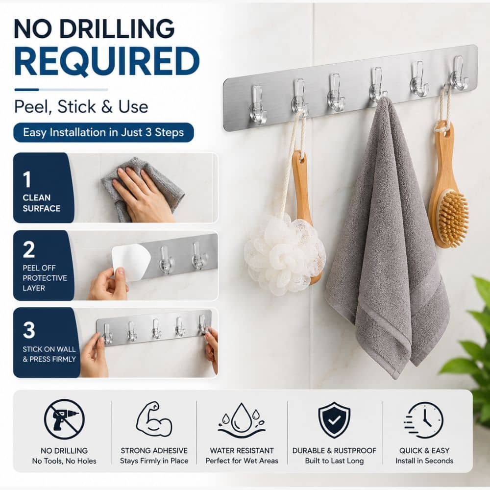 Heavy-Duty Self Adhesive Wall Hooks (6 Hooks Strip) – No Drill Multipurpose Wall Hanger for Kitchen, Bathroom & Home Organization