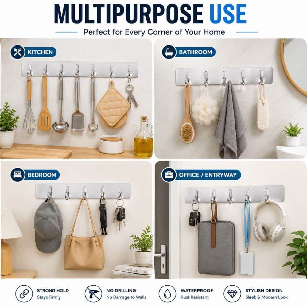 Heavy-Duty Self Adhesive Wall Hooks (6 Hooks Strip) – No Drill Multipurpose Wall Hanger for Kitchen, Bathroom & Home Organization
