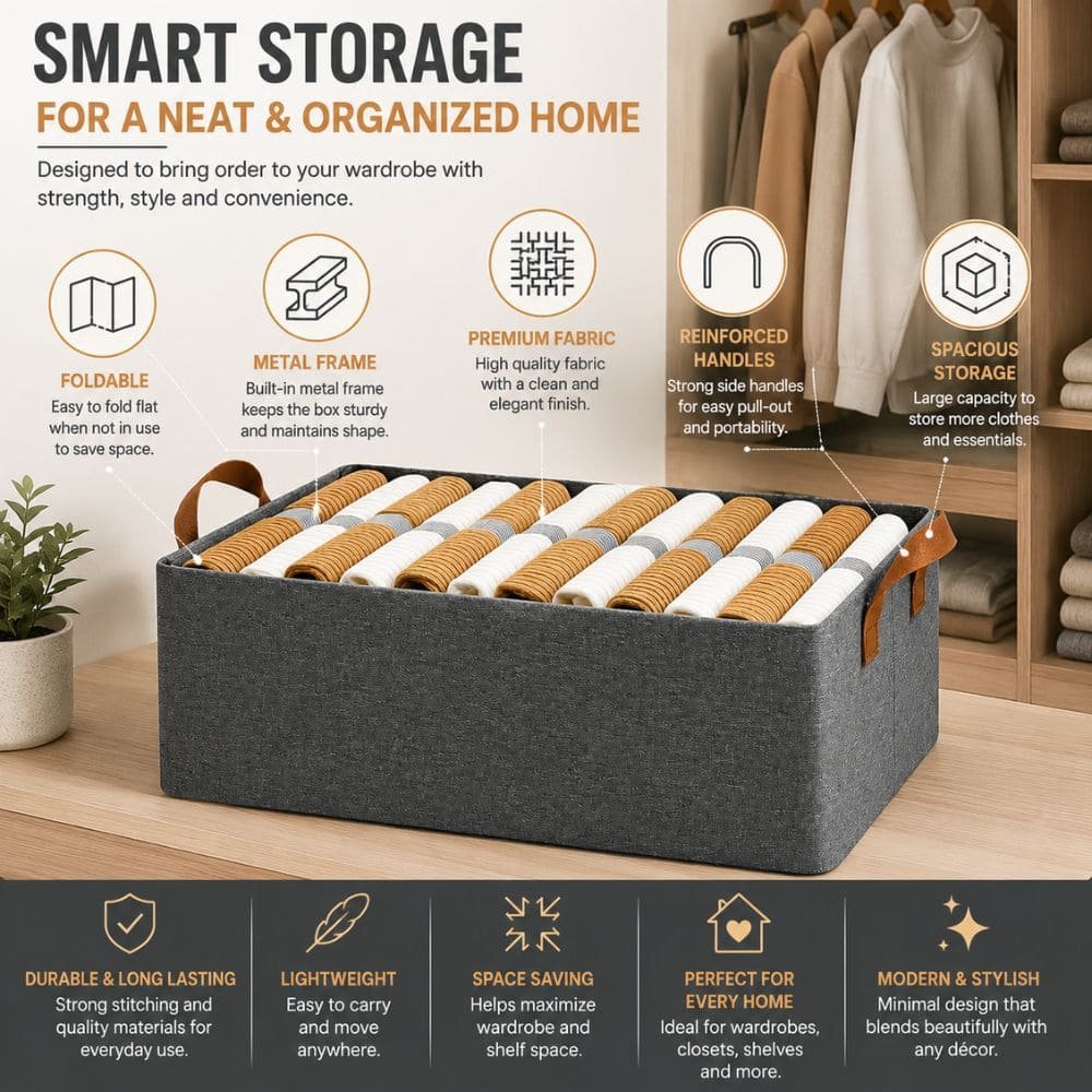 Foldable Wardrobe Storage Organizer Basket with Metal Frame | Fabric Clothes Storage Bin with Reinforced Handles