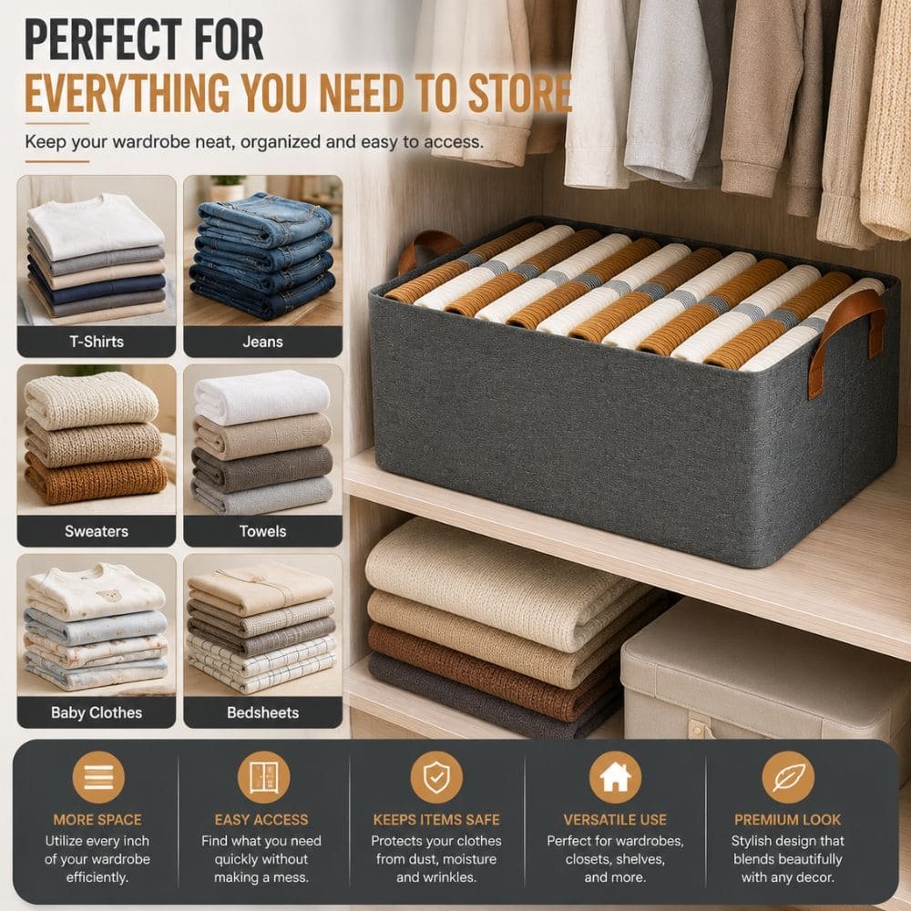 Foldable Wardrobe Storage Organizer Basket with Metal Frame | Fabric Clothes Storage Bin with Reinforced Handles