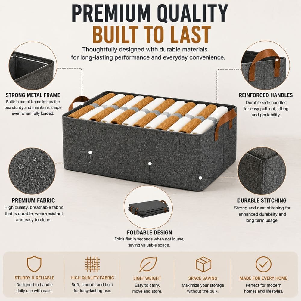 Foldable Wardrobe Storage Organizer Basket with Metal Frame | Fabric Clothes Storage Bin with Reinforced Handles