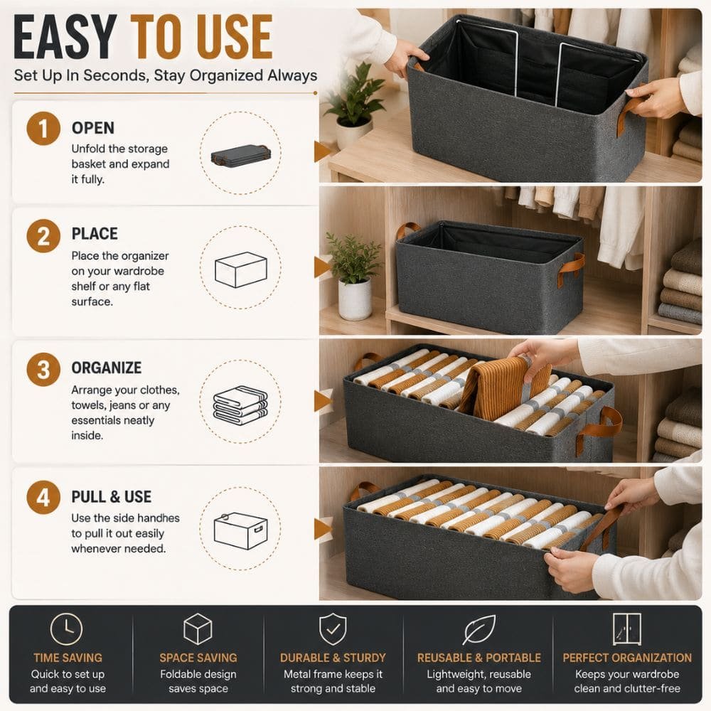 Foldable Wardrobe Storage Organizer Basket with Metal Frame | Fabric Clothes Storage Bin with Reinforced Handles