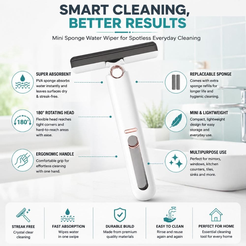 Mini Handheld Sponge Water Wiper | Rotating Glass Cleaning Squeegee with Super Absorbent PVA Sponge | Multipurpose Window, Mirror, Kitchen Counter & Bathroom Cleaning Tool with Extra Sponge Refill