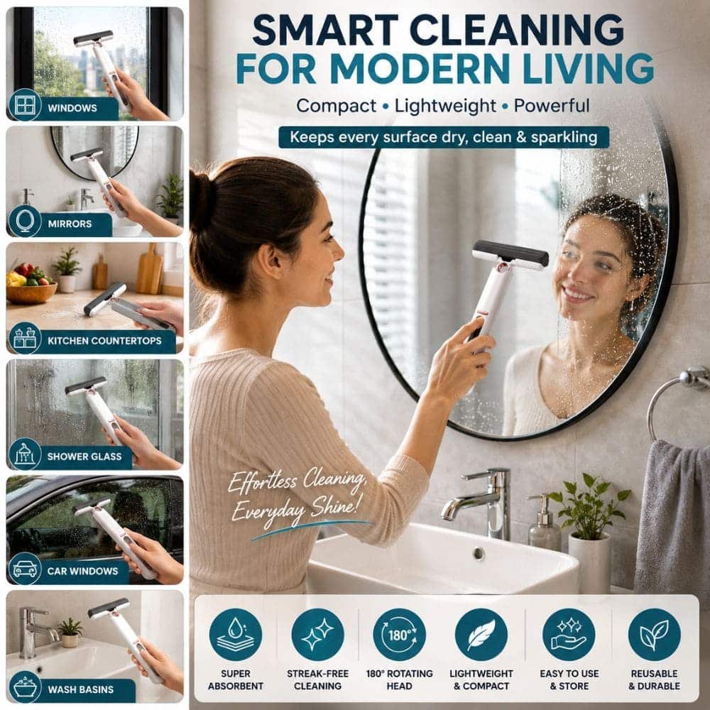 Mini Handheld Sponge Water Wiper | Rotating Glass Cleaning Squeegee with Super Absorbent PVA Sponge | Multipurpose Window, Mirror, Kitchen Counter & Bathroom Cleaning Tool with Extra Sponge Refill