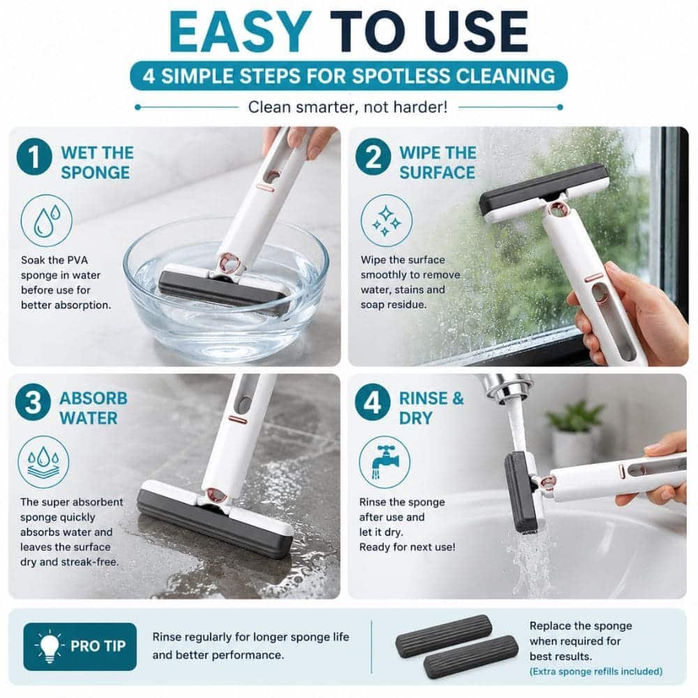 Mini Handheld Sponge Water Wiper | Rotating Glass Cleaning Squeegee with Super Absorbent PVA Sponge | Multipurpose Window, Mirror, Kitchen Counter & Bathroom Cleaning Tool with Extra Sponge Refill