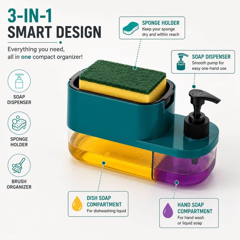3-in-1 Kitchen Soap Dispenser with Sponge Holder & Brush Organizer – Premium Countertop Dish Soap Pump | Refillable Liquid Detergent Dispenser for Kitchen
