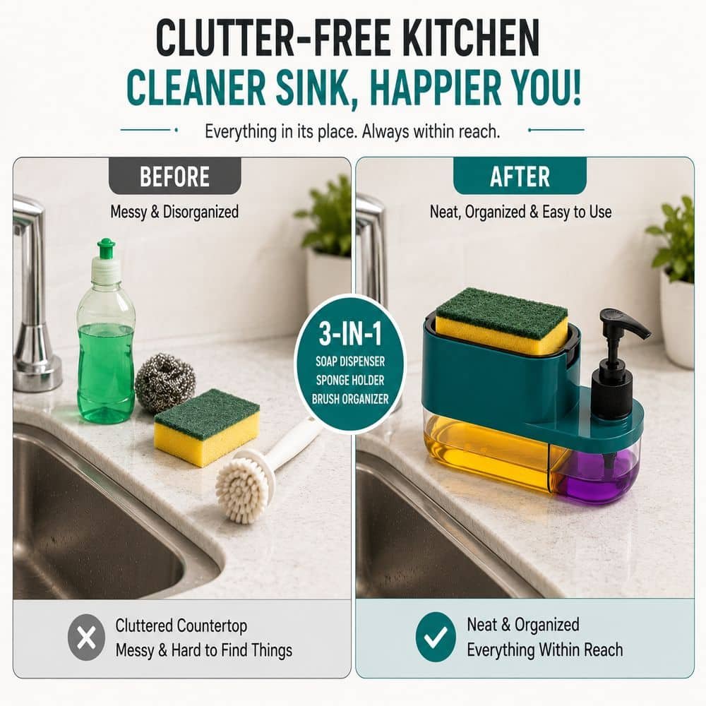 3-in-1 Kitchen Soap Dispenser with Sponge Holder & Brush Organizer – Premium Countertop Dish Soap Pump | Refillable Liquid Detergent Dispenser for Kitchen