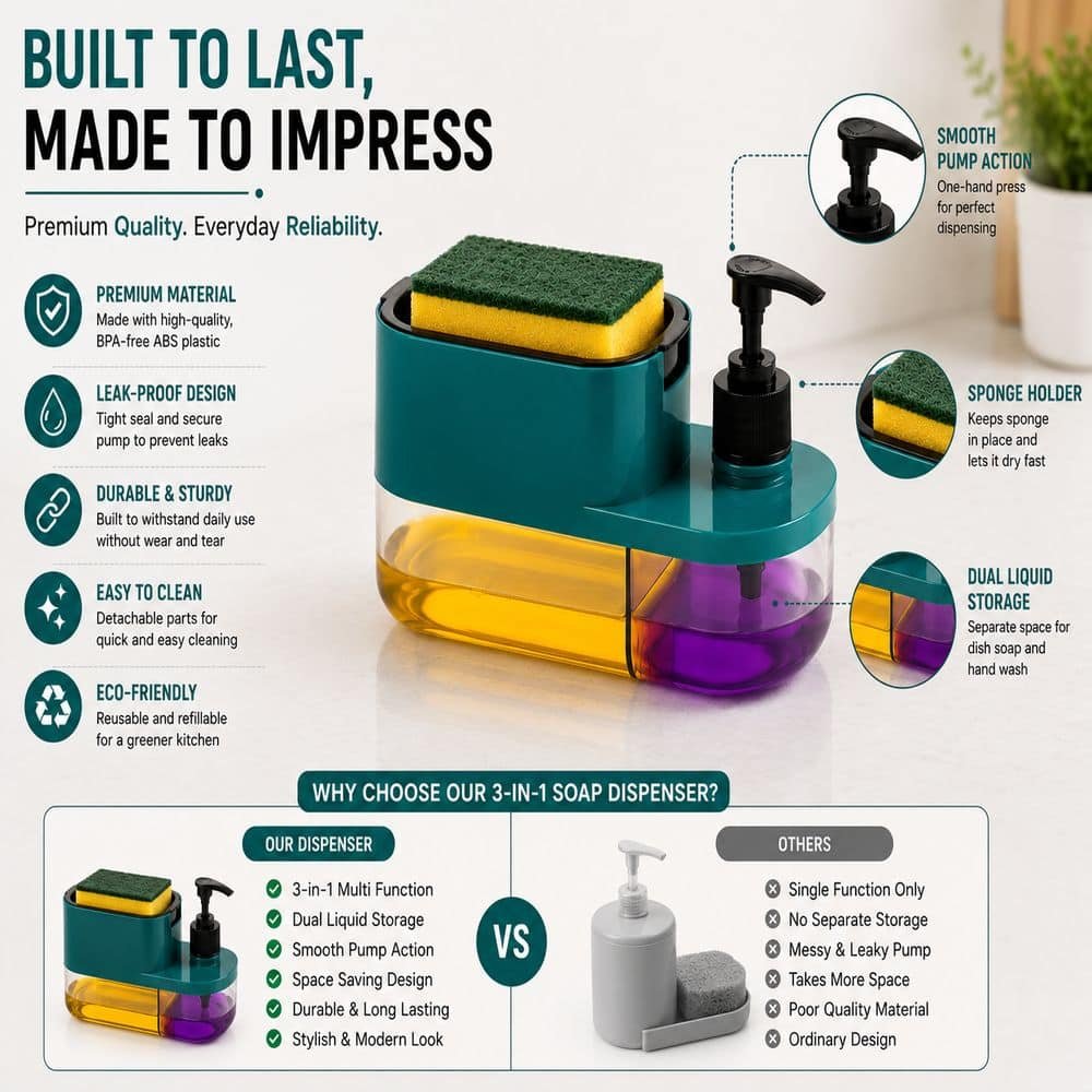 3-in-1 Kitchen Soap Dispenser with Sponge Holder & Brush Organizer – Premium Countertop Dish Soap Pump | Refillable Liquid Detergent Dispenser for Kitchen