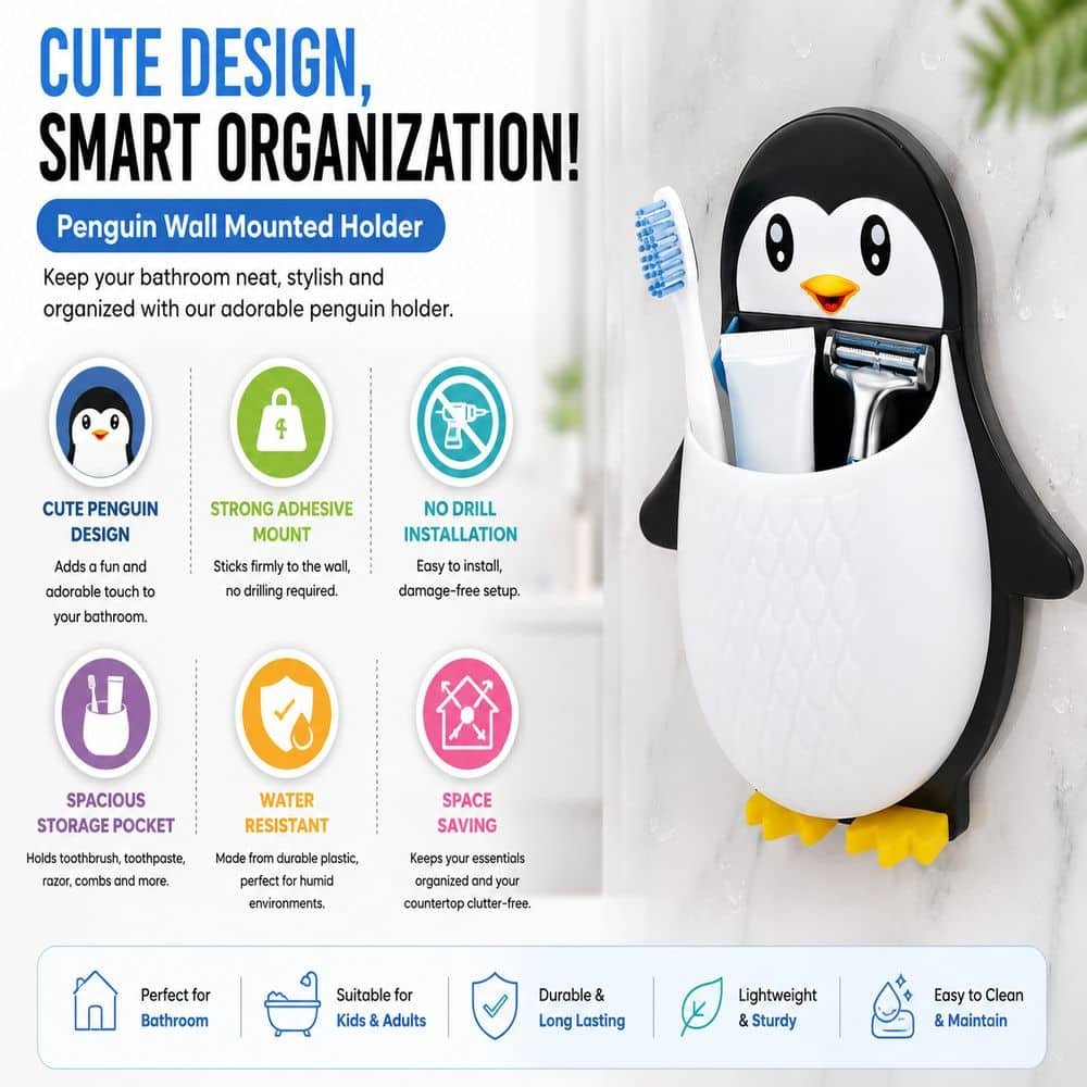 Penguin Shape Self-Adhesive Wall Mounted Toothbrush Holder | Multipurpose Bathroom Storage Organizer | No Drill Toothpaste & Brush Holder for Bathroom, Kitchen & Kids Room