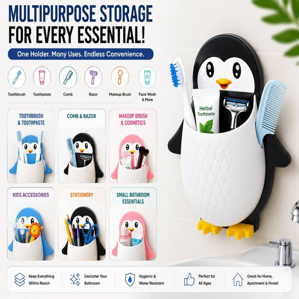 Penguin Shape Self-Adhesive Wall Mounted Toothbrush Holder | Multipurpose Bathroom Storage Organizer | No Drill Toothpaste & Brush Holder for Bathroom, Kitchen & Kids Room