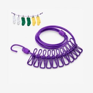 Portable Elastic Clothes Drying Rope with 12 Built-in Hanging Clips | Stretchable Travel Laundry Line with Hooks | Indoor & Outdoor Clothesline for Home, Balcony, Bathroom & Camping