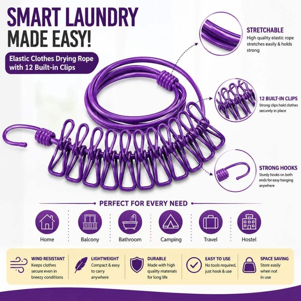 Portable Elastic Clothes Drying Rope with 12 Built-in Hanging Clips | Stretchable Travel Laundry Line with Hooks | Indoor & Outdoor Clothesline for Home, Balcony, Bathroom & Camping