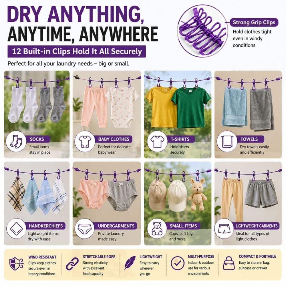 Portable Elastic Clothes Drying Rope with 12 Built-in Hanging Clips | Stretchable Travel Laundry Line with Hooks | Indoor & Outdoor Clothesline for Home, Balcony, Bathroom & Camping