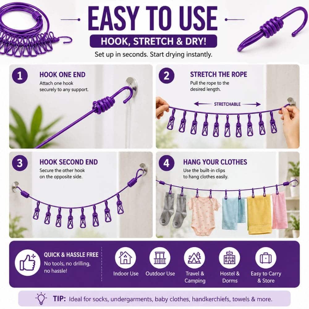 Portable Elastic Clothes Drying Rope with 12 Built-in Hanging Clips | Stretchable Travel Laundry Line with Hooks | Indoor & Outdoor Clothesline for Home, Balcony, Bathroom & Camping