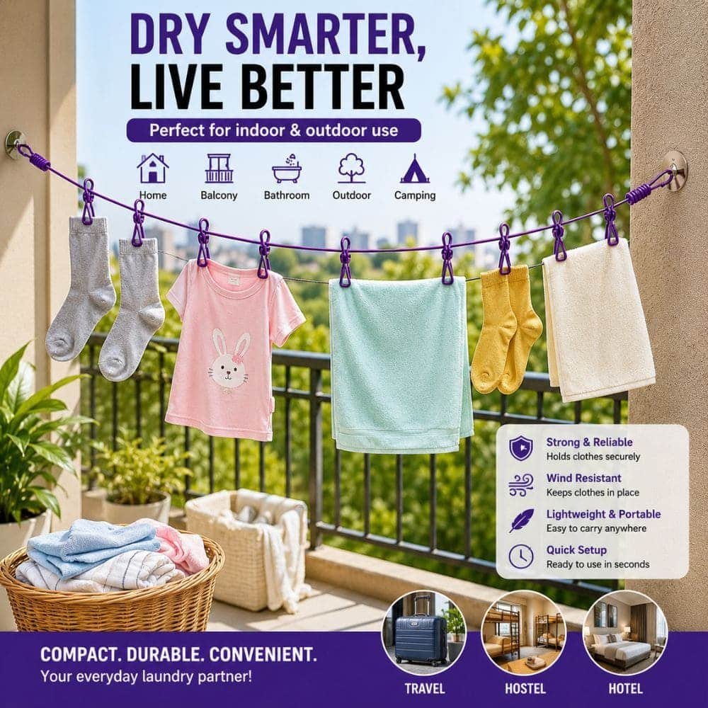Portable Elastic Clothes Drying Rope with 12 Built-in Hanging Clips | Stretchable Travel Laundry Line with Hooks | Indoor & Outdoor Clothesline for Home, Balcony, Bathroom & Camping