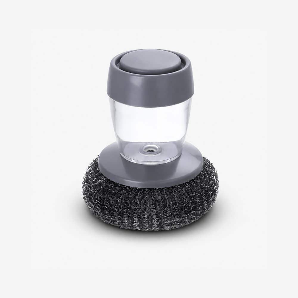 Soap Dispensing Dish Scrubber Brush | Refillable Dish Cleaning Brush with Stainless Steel Scrubbing Pad | Built-in Liquid Soap Dispenser | Kitchen Cleaning Brush for Pots, Pans & Sink