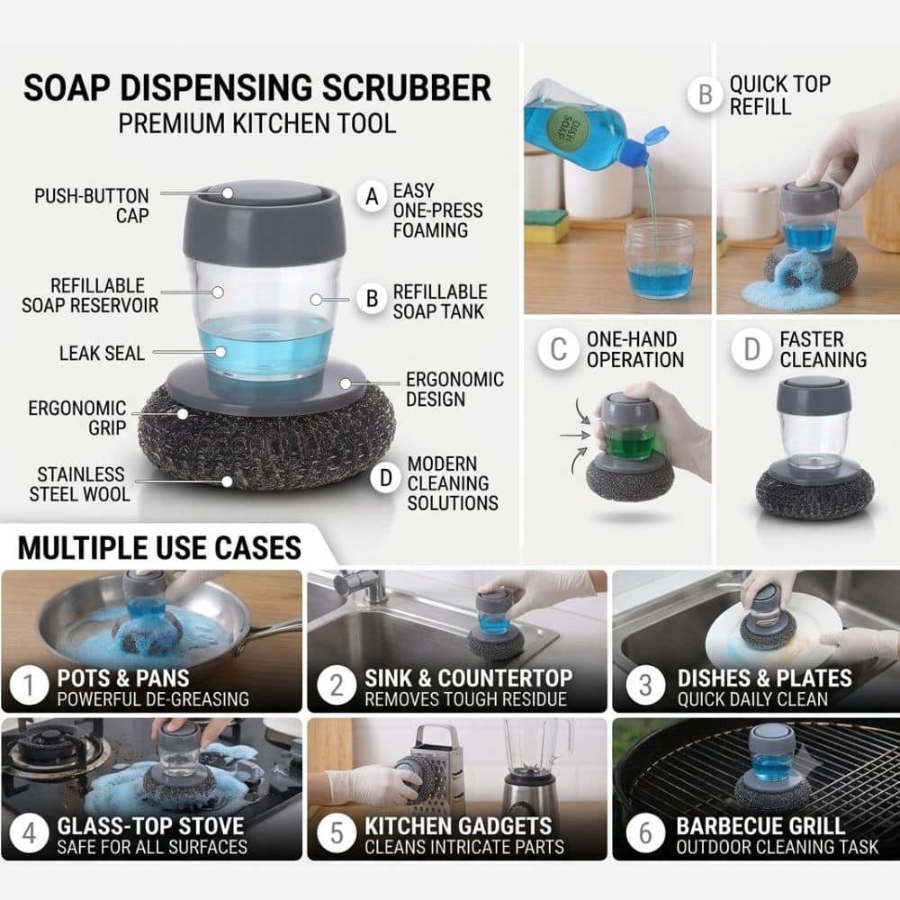 Soap Dispensing Dish Scrubber Brush | Refillable Dish Cleaning Brush with Stainless Steel Scrubbing Pad | Built-in Liquid Soap Dispenser | Kitchen Cleaning Brush for Pots, Pans & Sink