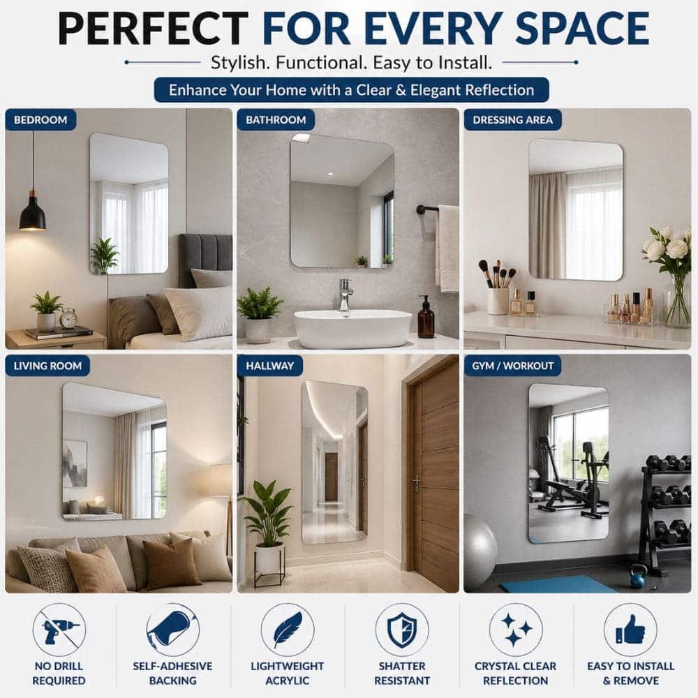Self-Adhesive Acrylic Wall Mirror Sheet 30 × 40 cm | Frameless Decorative Mirror | No Drill Peel & Stick Mirror for Bedroom, Bathroom, Living Room, Gym, Dressing Area & Home Décor (Pack of 1)