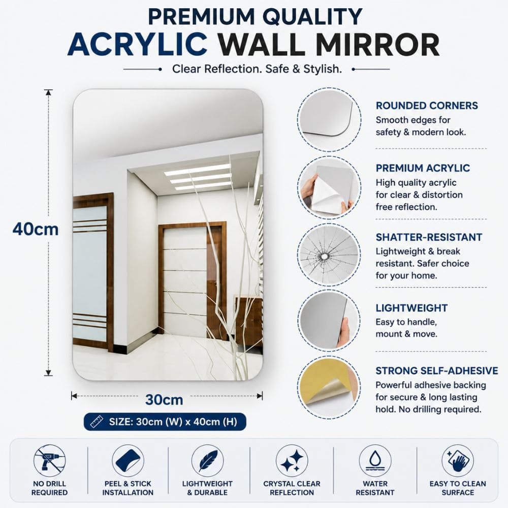 Self-Adhesive Acrylic Wall Mirror Sheet 30 × 40 cm | Frameless Decorative Mirror | No Drill Peel & Stick Mirror for Bedroom, Bathroom, Living Room, Gym, Dressing Area & Home Décor (Pack of 1)