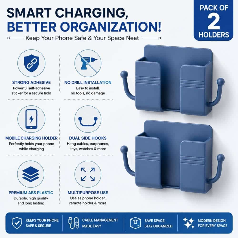 Self-Adhesive Wall Mounted Mobile Charging Holder with Dual Side Hooks | No Drill Phone Charging Stand | Multipurpose Phone, Remote & Cable Organizer for Home & Office (Pack of 2)