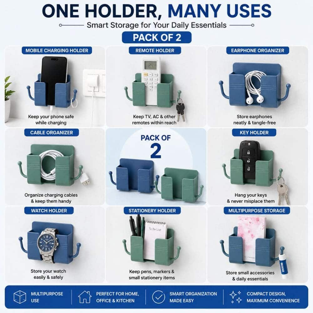 Self-Adhesive Wall Mounted Mobile Charging Holder with Dual Side Hooks | No Drill Phone Charging Stand | Multipurpose Phone, Remote & Cable Organizer for Home & Office (Pack of 2)