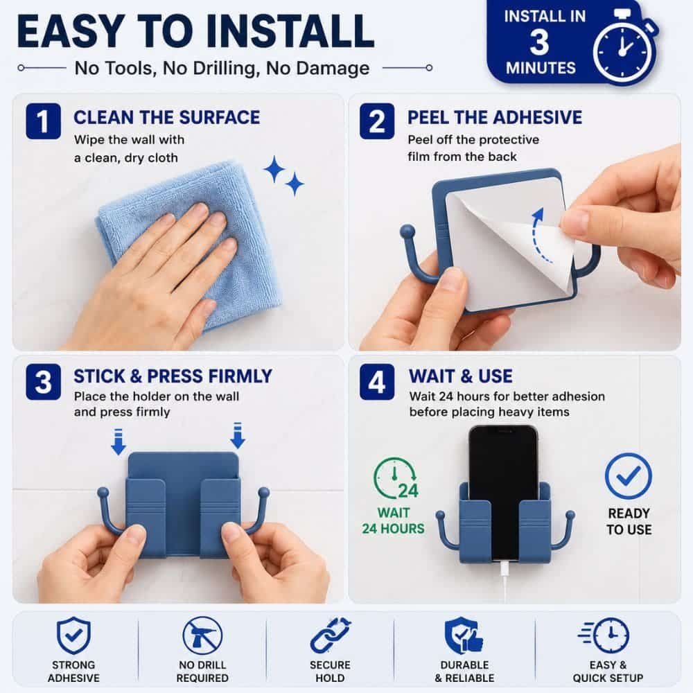 Self-Adhesive Wall Mounted Mobile Charging Holder with Dual Side Hooks | No Drill Phone Charging Stand | Multipurpose Phone, Remote & Cable Organizer for Home & Office (Pack of 2)