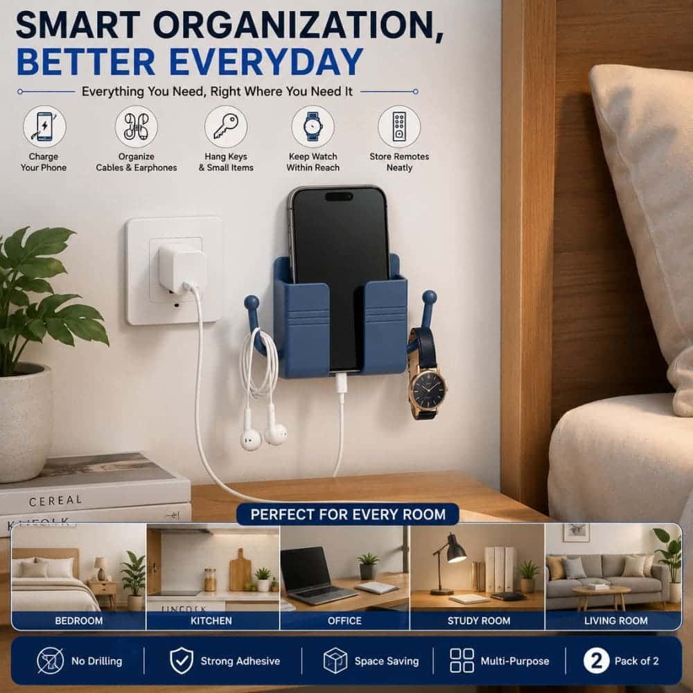 Self-Adhesive Wall Mounted Mobile Charging Holder with Dual Side Hooks | No Drill Phone Charging Stand | Multipurpose Phone, Remote & Cable Organizer for Home & Office (Pack of 2)