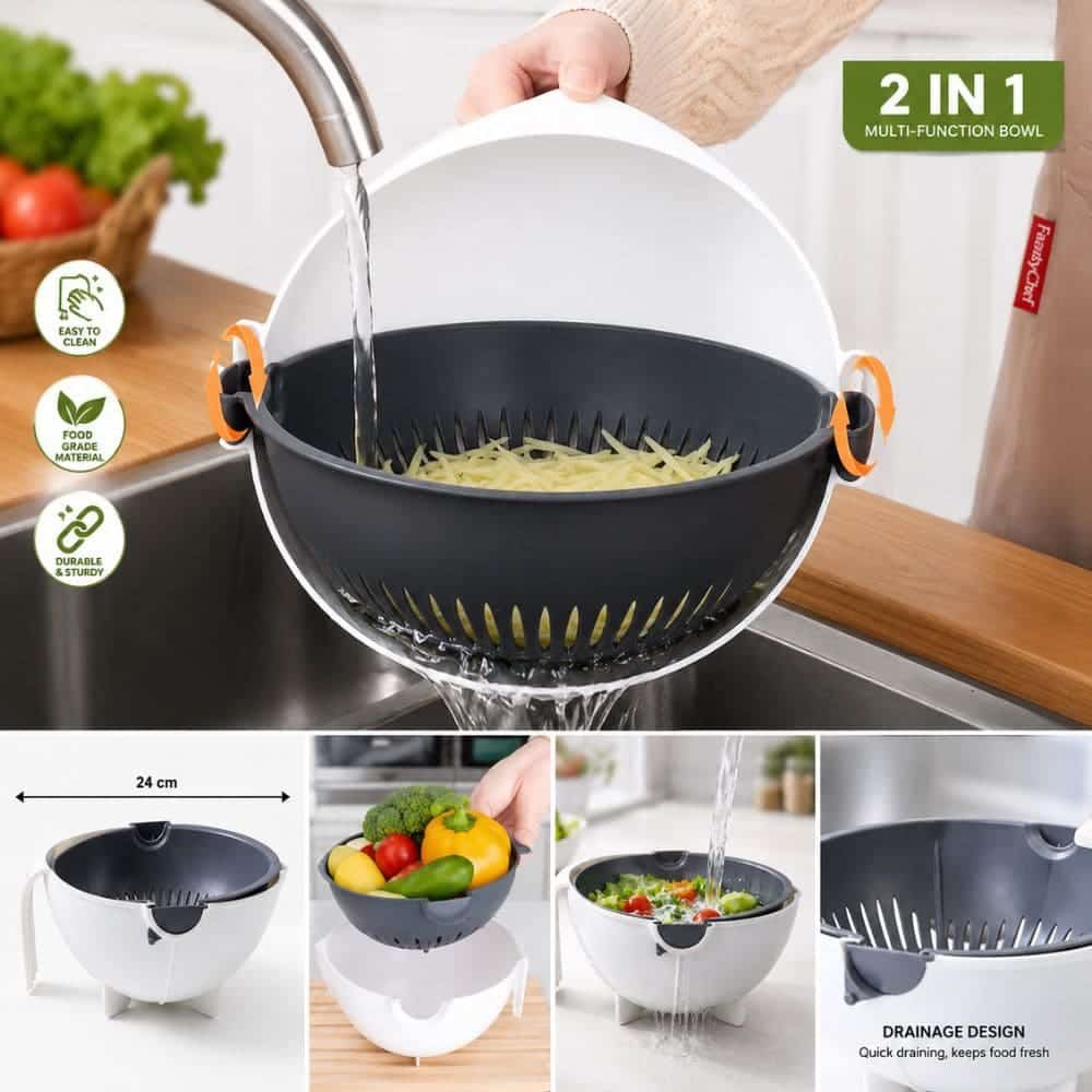 2-in-1 Wash & Strain Bowl with Built-in Colander – Multipurpose Vegetable Washing Bowl, Fruit Rinsing Basket & Kitchen Strainer | BPA-Free Durable Plastic Drain Bowl