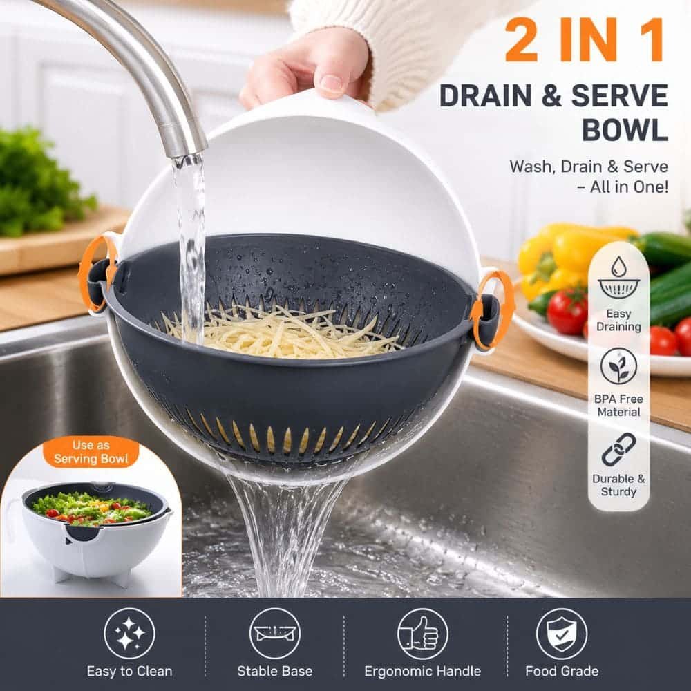 2-in-1 Wash & Strain Bowl with Built-in Colander – Multipurpose Vegetable Washing Bowl, Fruit Rinsing Basket & Kitchen Strainer | BPA-Free Durable Plastic Drain Bowl